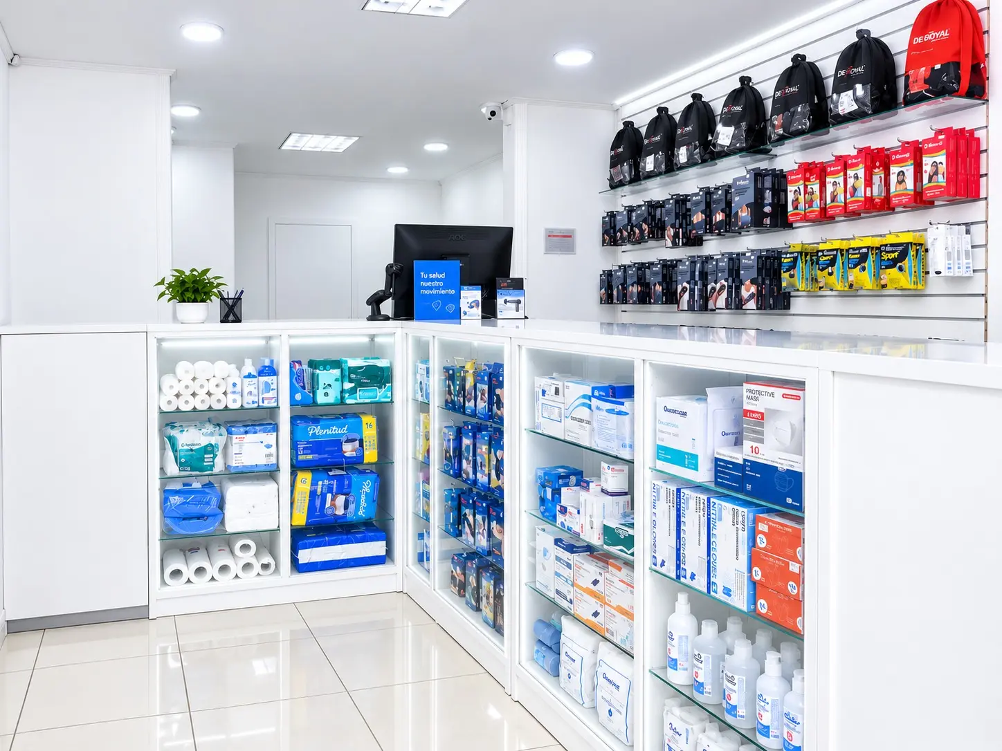 Mostrador y vitrinas con insumos médicos en SolMedic